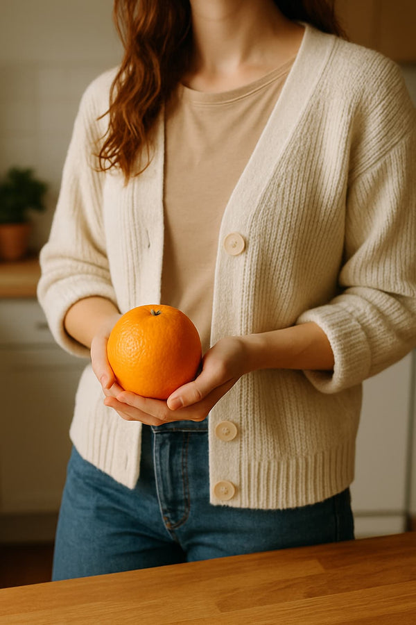 Eine Frau hält eine Orange in der Hand 