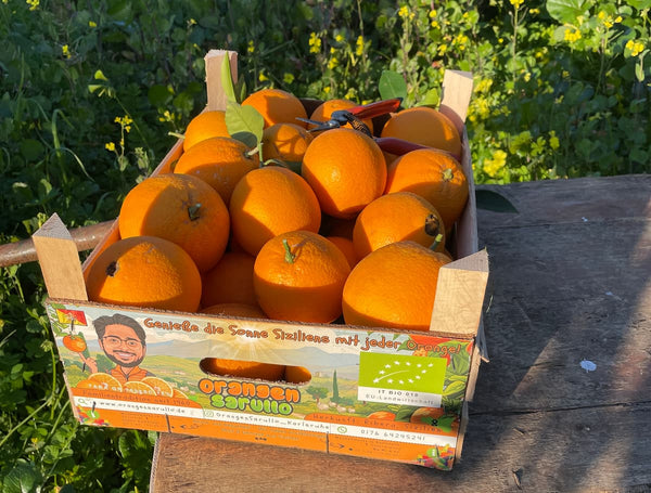 Orangenkiste auf dem Tisch 